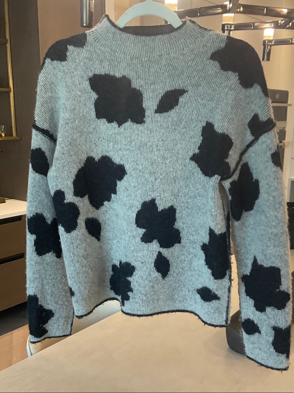 Grey and Black Floral Pattern Crewneck Sweater